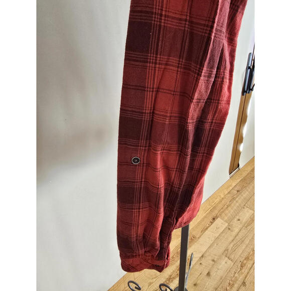 Columbia Times Two Plaid Hooded Women's Medium Deep Red Shirt Roll Tab Sleeves - Picture 5 of 9